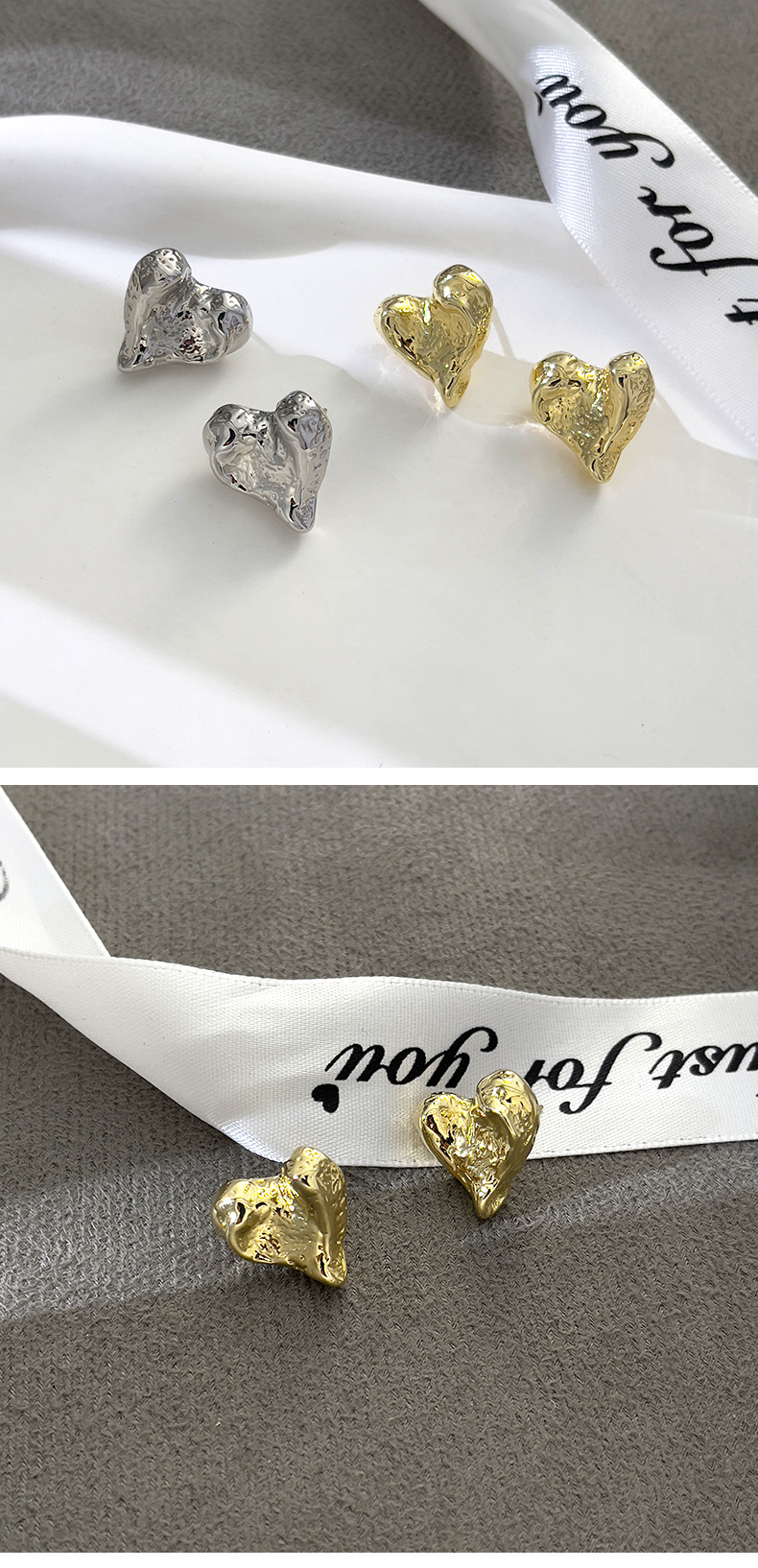 Ins-style personalized metal texture heart-shaped alloy stud earrings, simple and niche design, heart-shaped fashionable earrings and earrings pic 3