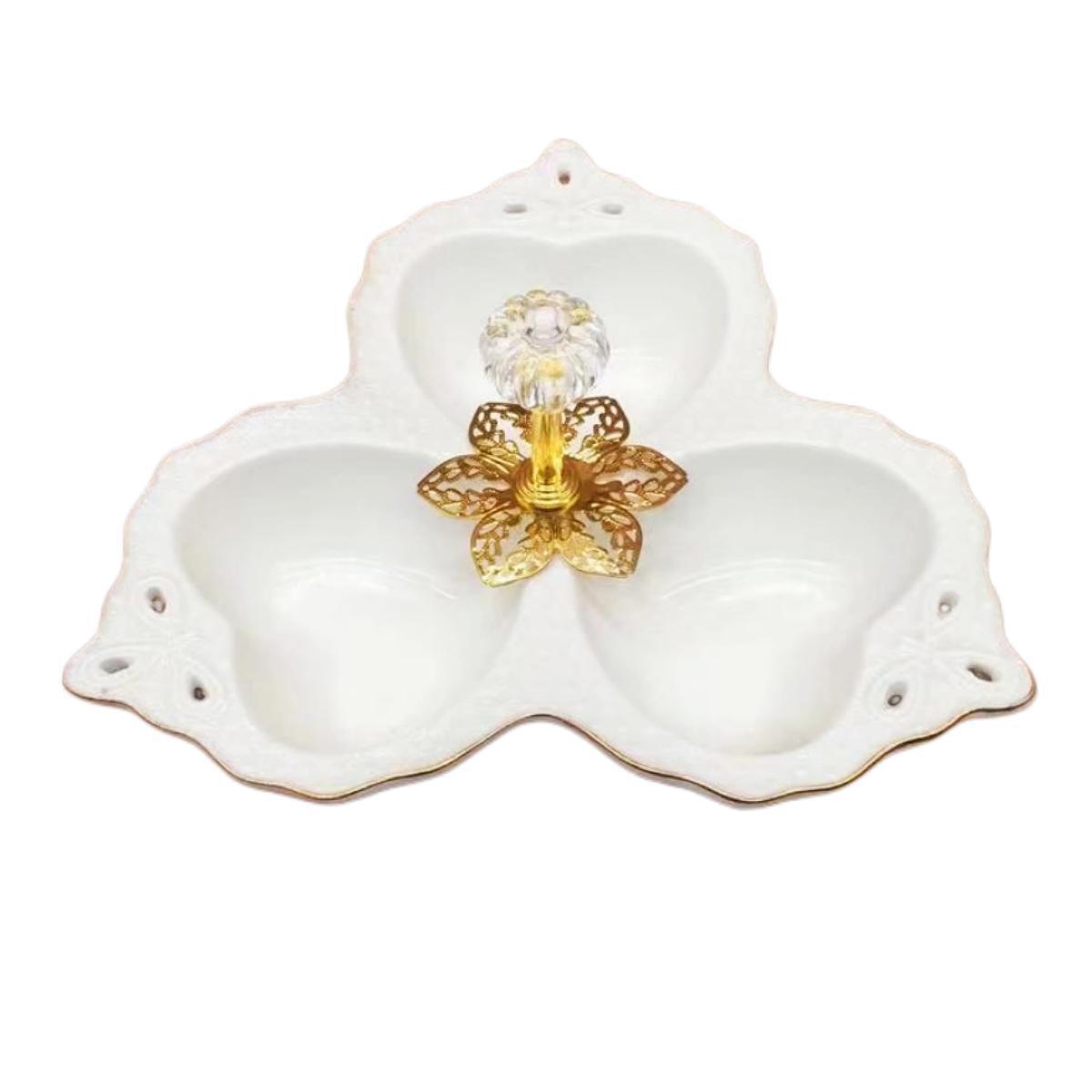 A pure white petal-shaped fruit platter with electroplated gold and multiple compartments, a hand-held restaurant banquet food platter pic 13