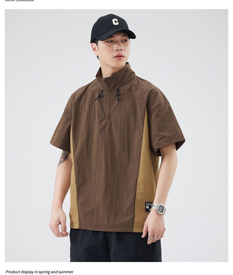 美式工装短袖t恤男士夏季大码潮牌立领拉链体恤半袖男详情9