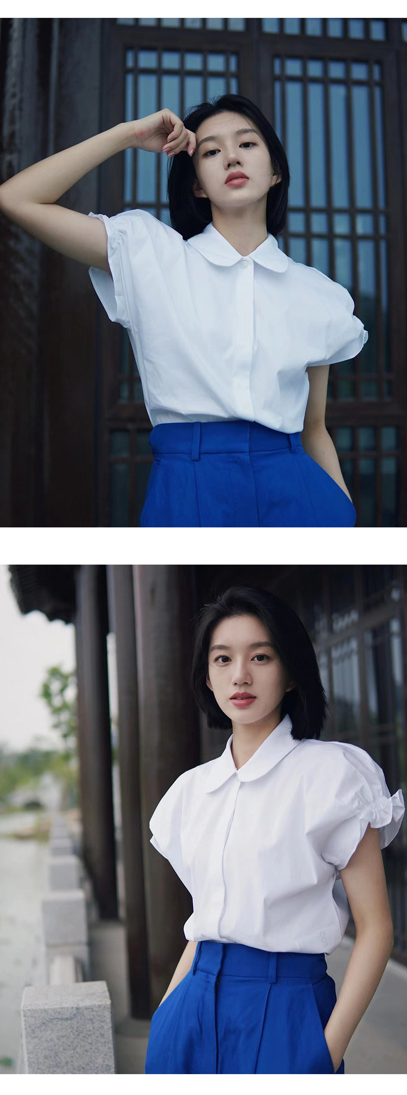 co*s2022 Summer New Collection: Two-color doll collar, pleated, casual short-sleeved shirt for women in solid color pic 5