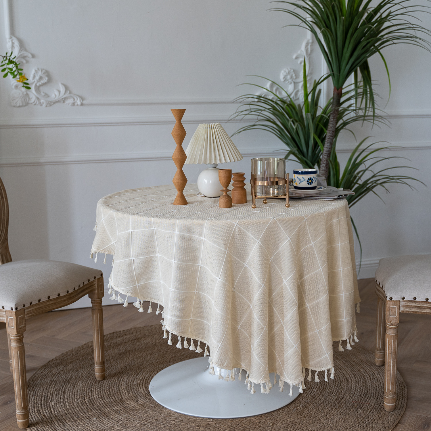 Cross-border TEMU Xiyin round table cloth, Japanese cream white tassel tablecloth, table cloth, cover cloth, Amazon factory wholesale pic 39