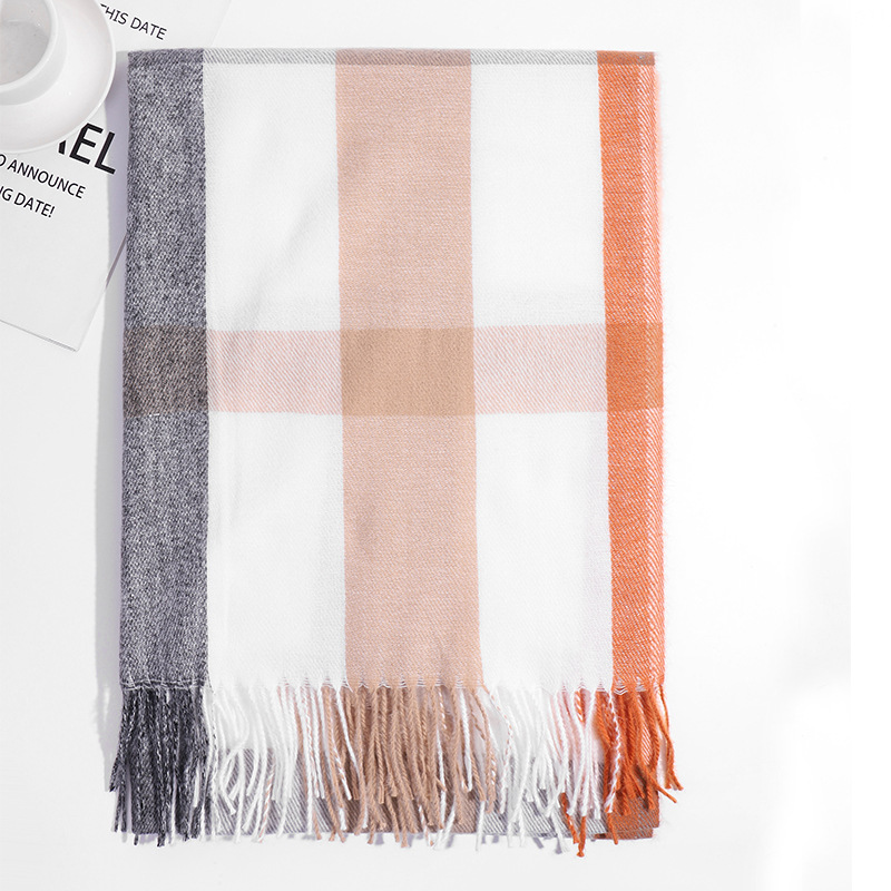 外贸韩版大直条格子围巾秋冬季新款学生百搭仿羊绒流苏围脖女披肩详情28