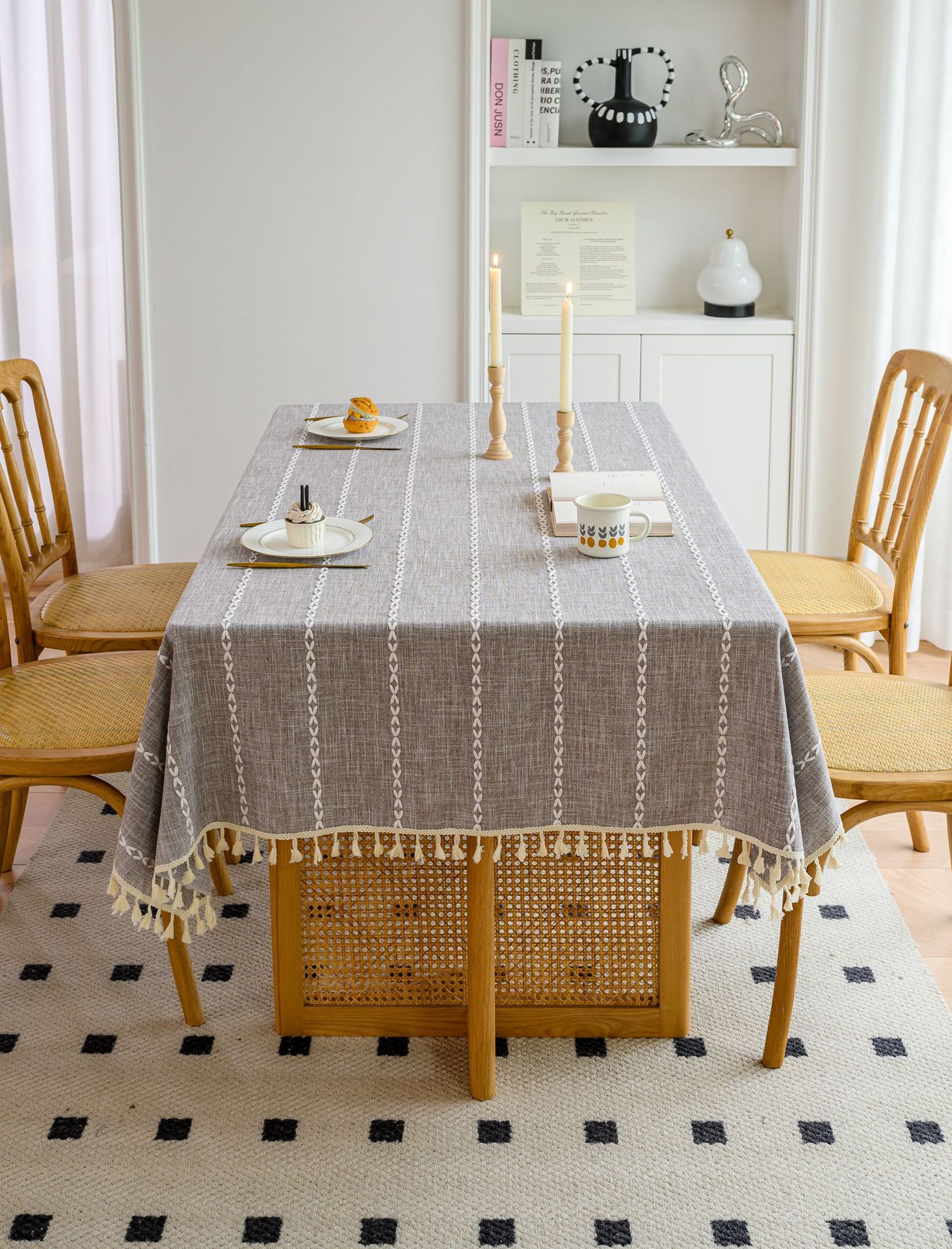 Cross-border three-dimensional embroidered striped tablecloth, popular black solid color, white cotton and linen tablecloth cover, fabric outdoor party pic 93