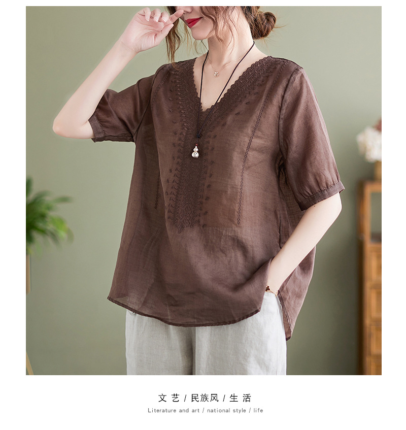 实拍2022年夏季薄款棉麻文艺复古刺绣宽松显瘦短袖上衣T恤衫女详情21