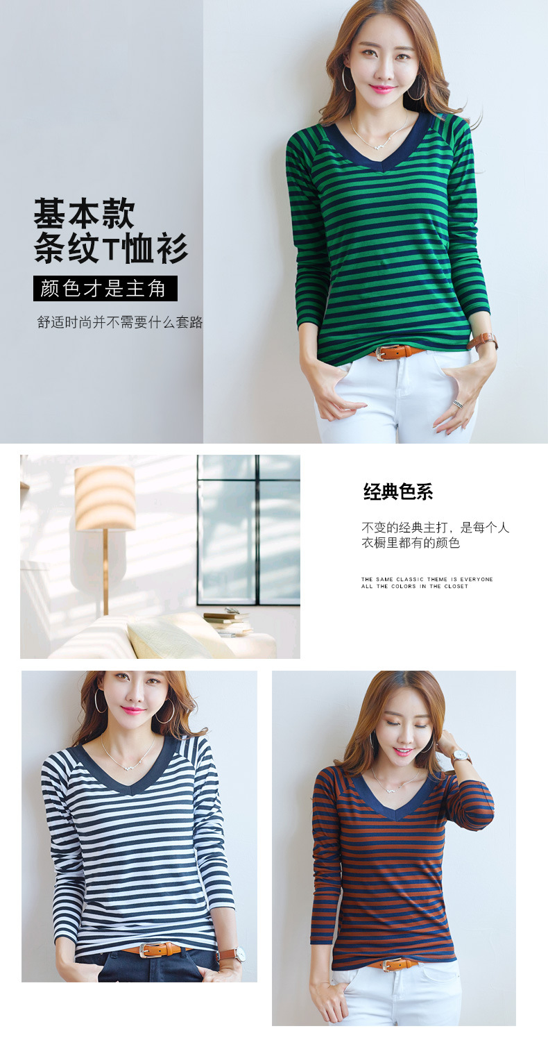 2022 Spring/Summer New Korean-style slim and slimming striped V-neck long-sleeved T-shirt for women, high-quality cotton elastic base layer pic 3