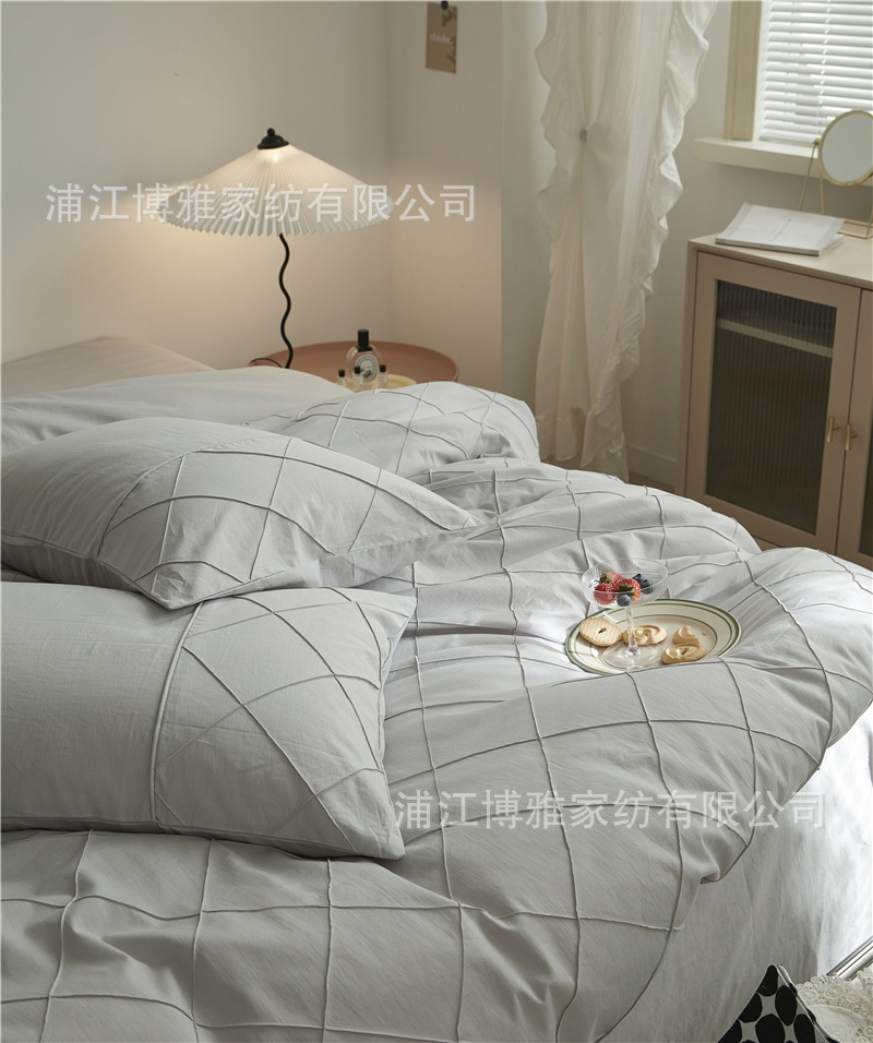 Wholesale of high-quality three or four-piece sets of washed cotton 40-count hand-knitted rhombus-shaped checkered plain pure cotton bedding pic 61