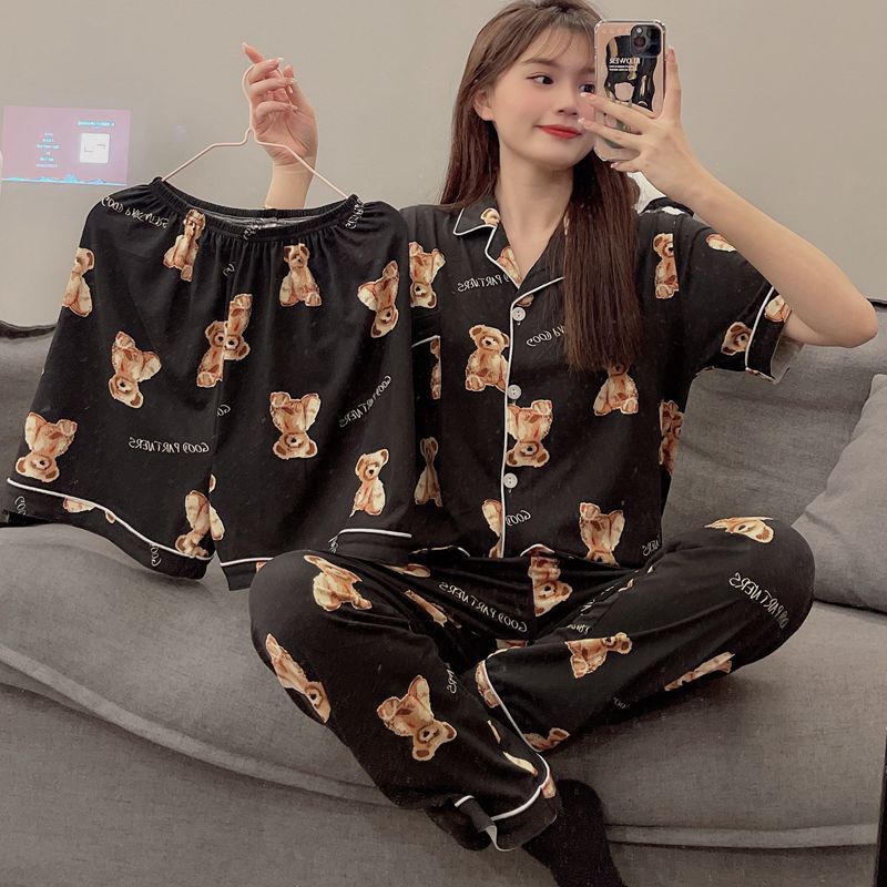 20款直播短袖开衫仿棉INS夏季情侣睡衣居家休闲宽松家居服三件套详情16