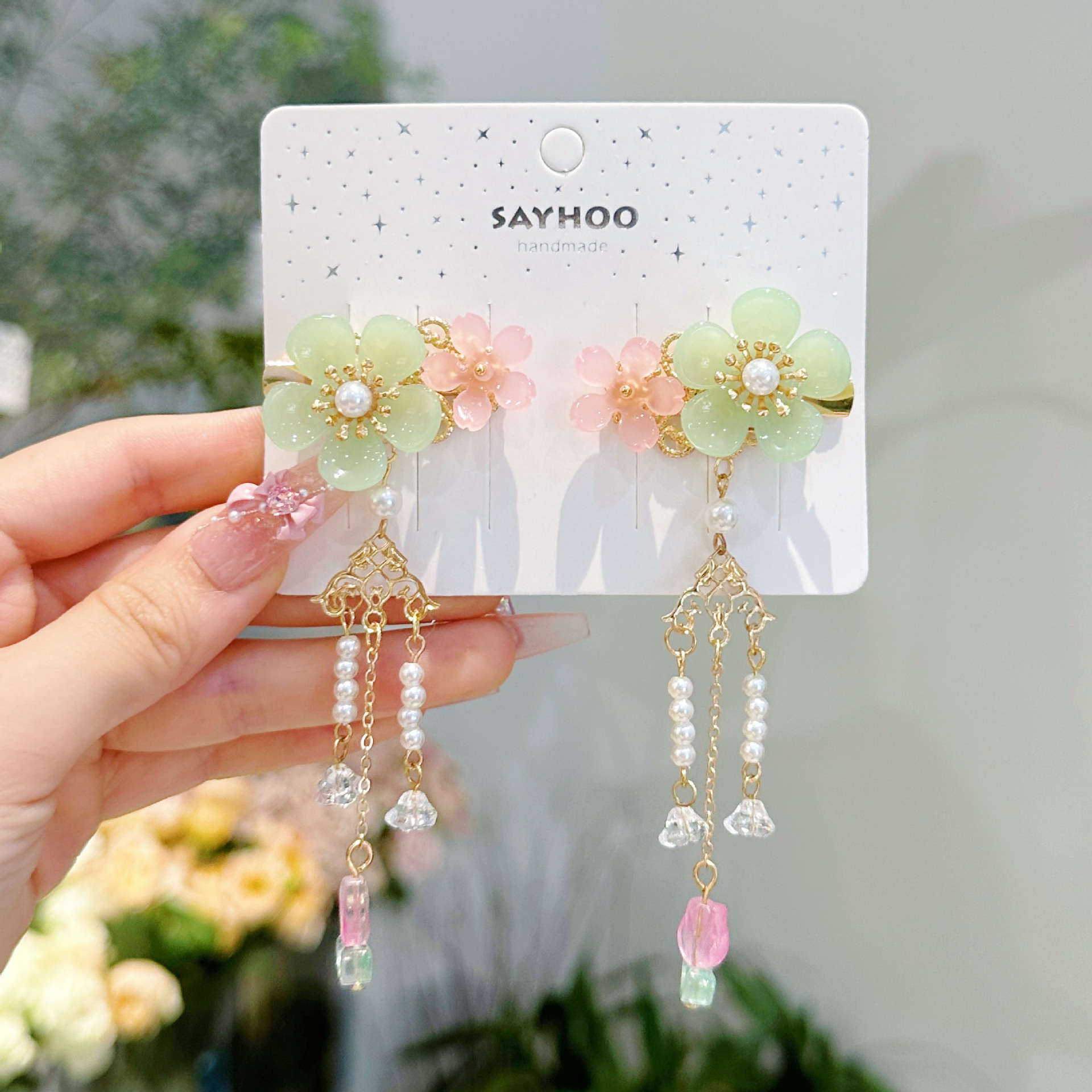 儿童发夹 国潮系列新款古风花朵蝴蝶珍珠流苏中国风琉璃对夹女孩汉服头饰详情14