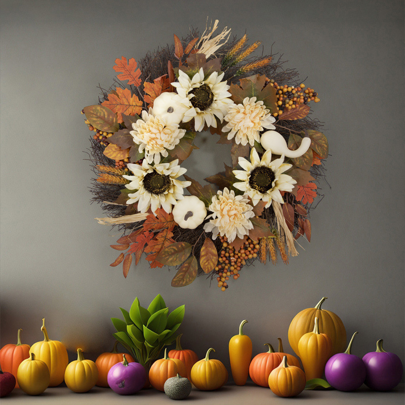 Cross-border autumn Thanksgiving white pumpkin wreath, Harvest Festival Sunflower Maple Leaf wreath decoration, door hanging ornaments pic 3