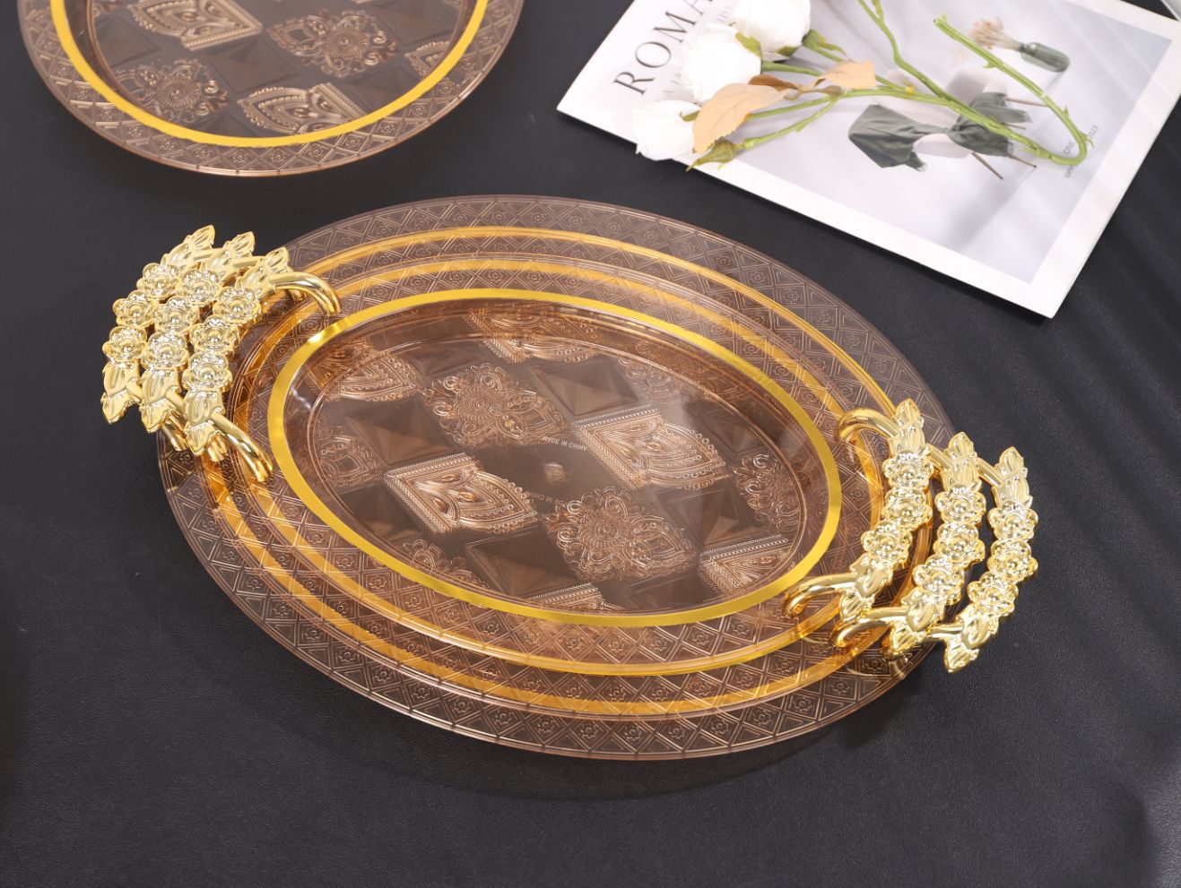 Amber transparent tray, round dining tea tray, coffee table, cups, tea cups and water cups, home living room dinner plate set pic 3