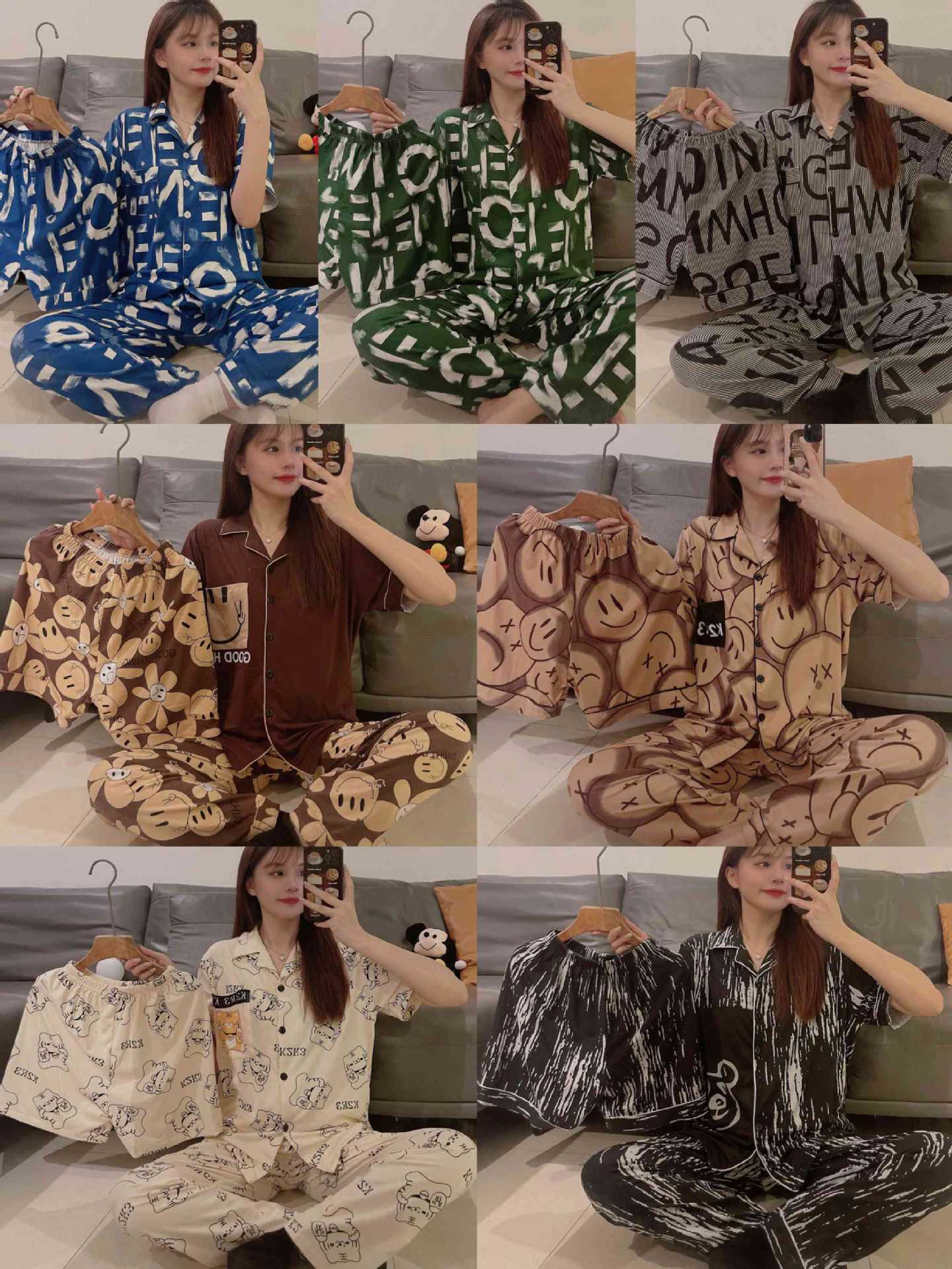 20款直播短袖开衫仿棉INS夏季情侣睡衣居家休闲宽松家居服三件套详情1