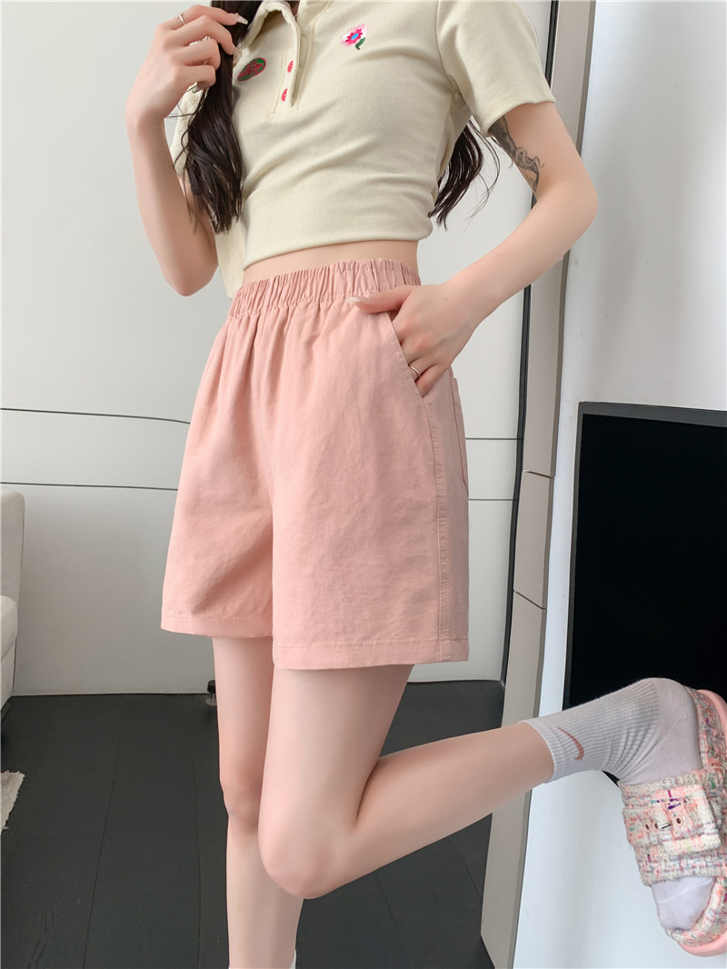 松紧高腰阔腿裤春夏日系百搭宽松显瘦休闲卡其色水洗棉短裤女夏季详情23