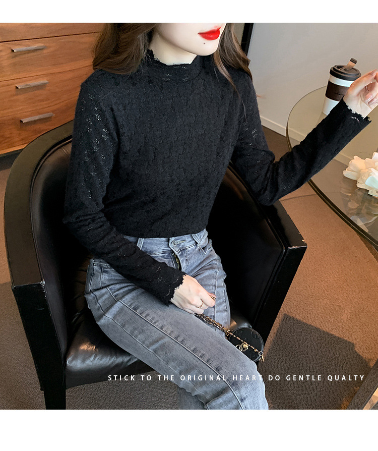 A stylish and youthful 2023 autumn collection, paired with a semi-high-neck top, long-sleeved small stand-up collar, and a youthful lace base layer for women pic 10