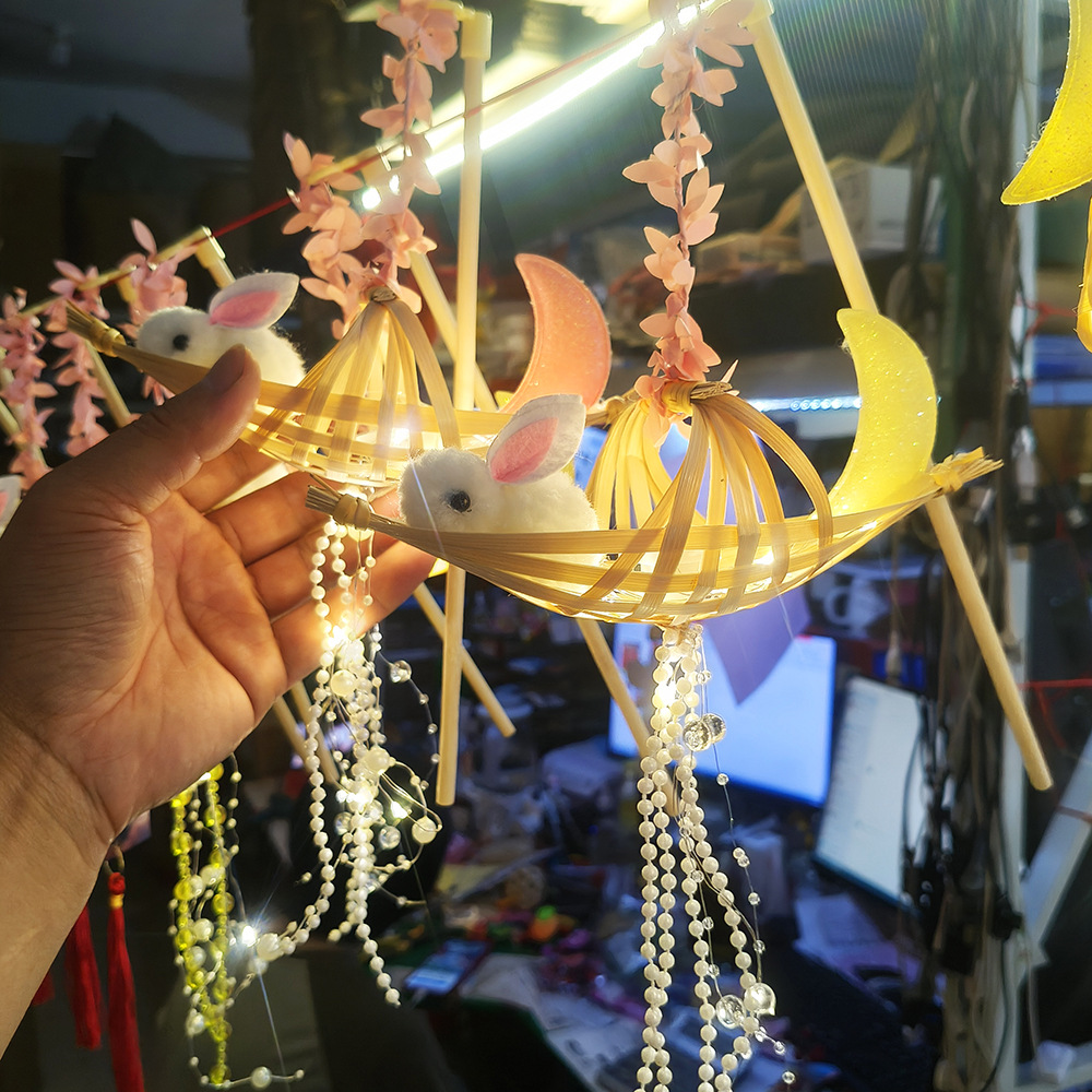 Handmade mini DIY Mid-Autumn Festival lanterns, plush rabbits, shining moon boats, hand-held stalls, bamboo woven small cage lanterns pic 5