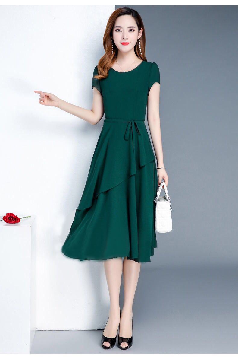 2020新款夏季高端收腰显瘦减龄气质中长款圆领大码女装连衣裙外贸详情12