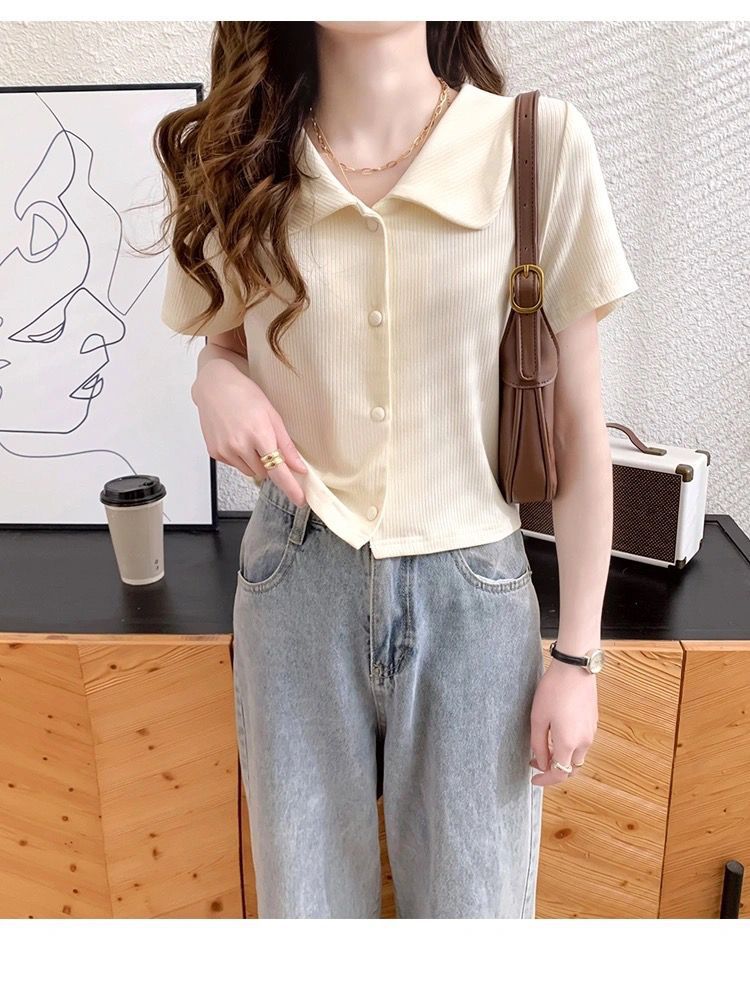 冰丝短袖上衣女2024春夏季新款韩版洋气小清新翻领百搭短款T恤开详情13