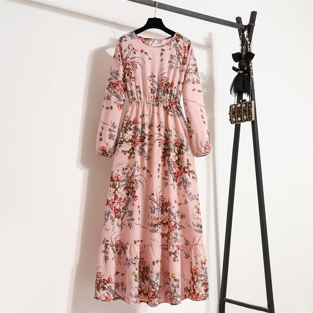 European and American floral long, round-neck, long-sleeved, waist-cinching and slimming dress pic 77