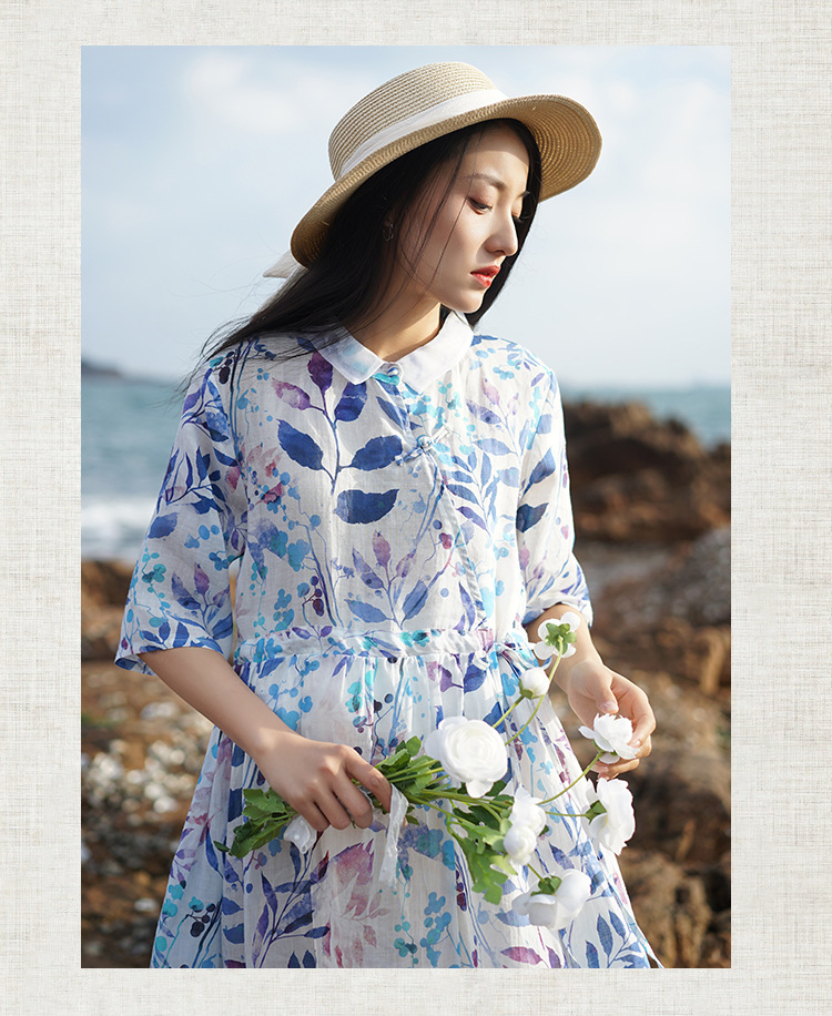 新中式棉麻女装2023春夏季新款碎花连衣裙女翻领显瘦女士苎麻长裙详情21