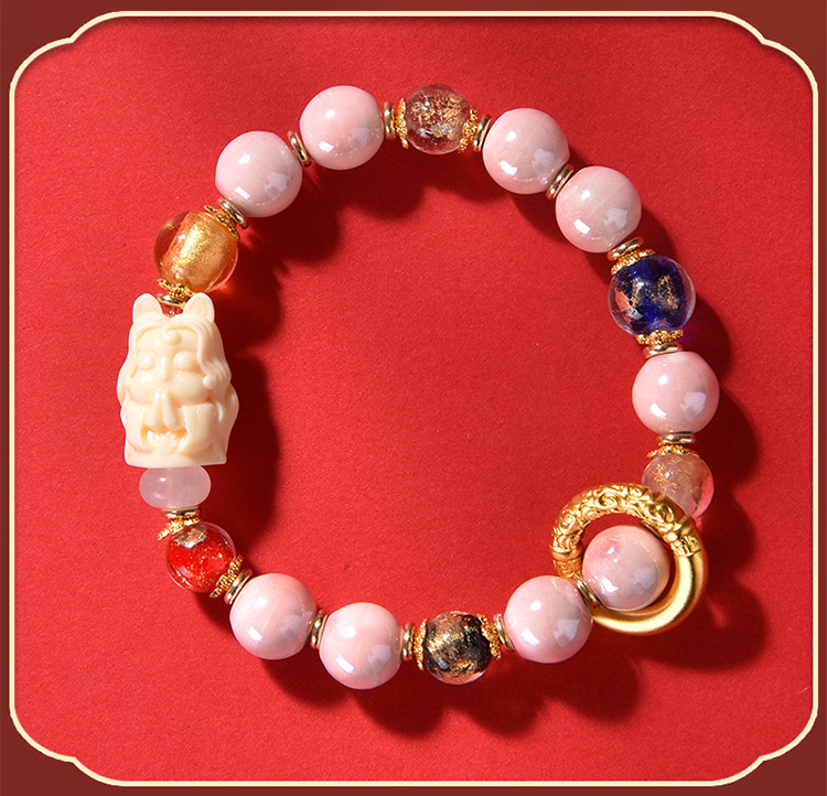 北京九尾狐香灰琉璃手串瓷陶瓷手链国潮宫廷风礼物粉晶编织详情8