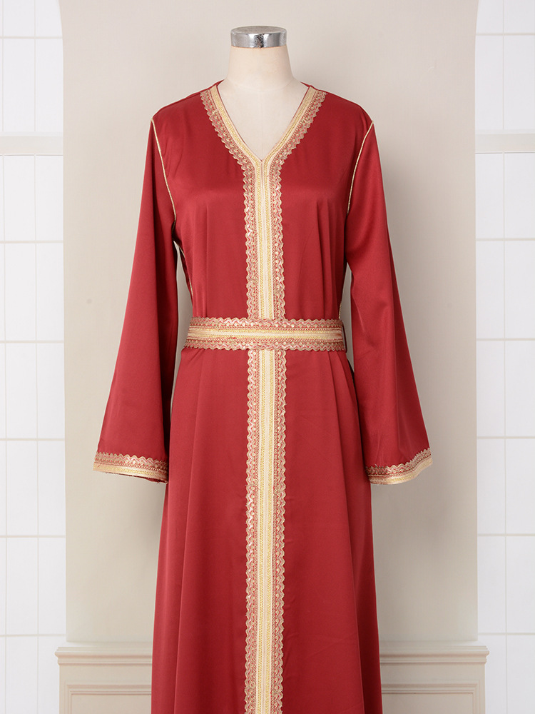 MT098中东外贸迪拜穆斯林长袍女装 刺绣金色珠片花边连衣裙 abaya详情37