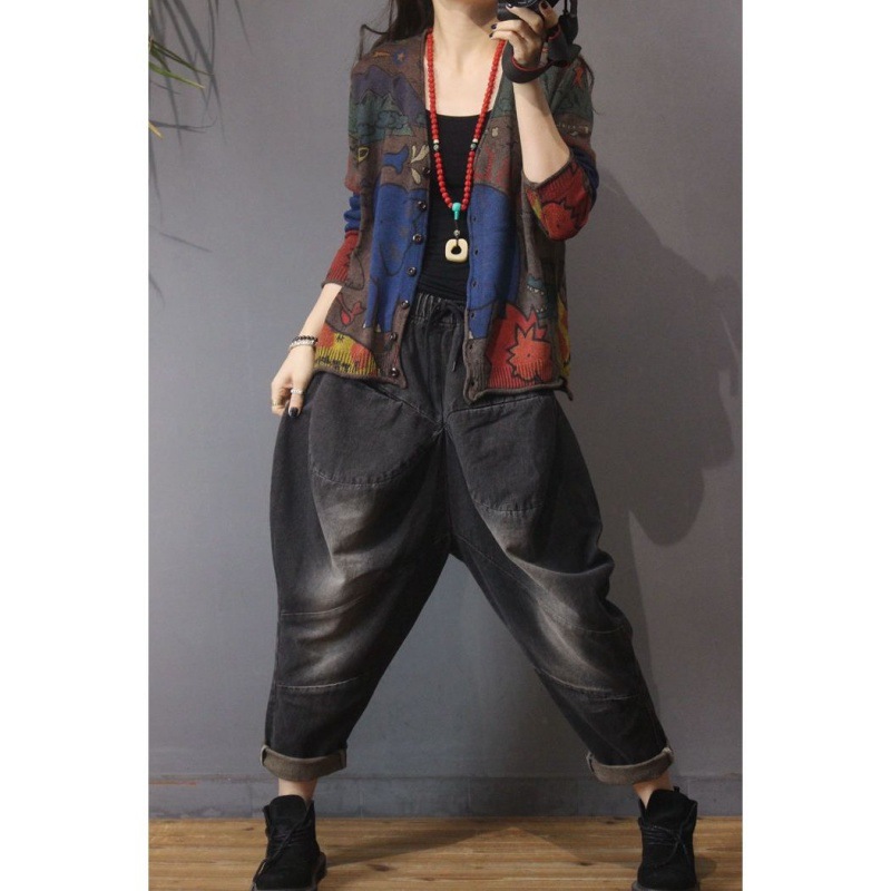 Spring 2021 new printed knitted cardigan for women, retro ethnic style, loose, large-sized, slimming long-sleeved top pic 17