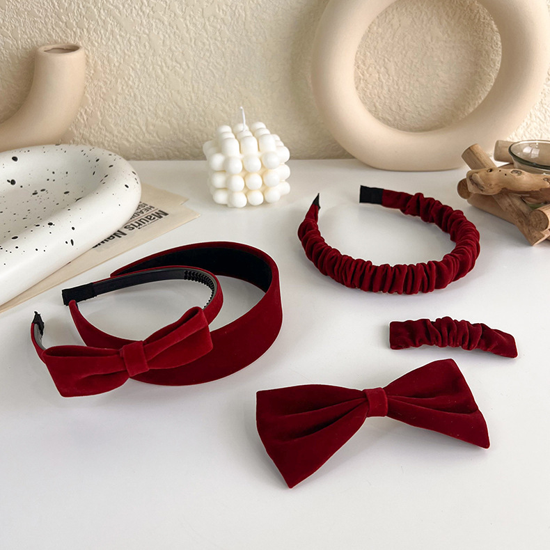 Retro velvet hairband, Japanese-style wine red bow hairpin, elegant wide-brimmed headpiece, top clip, red girlish hair accessory pic 6