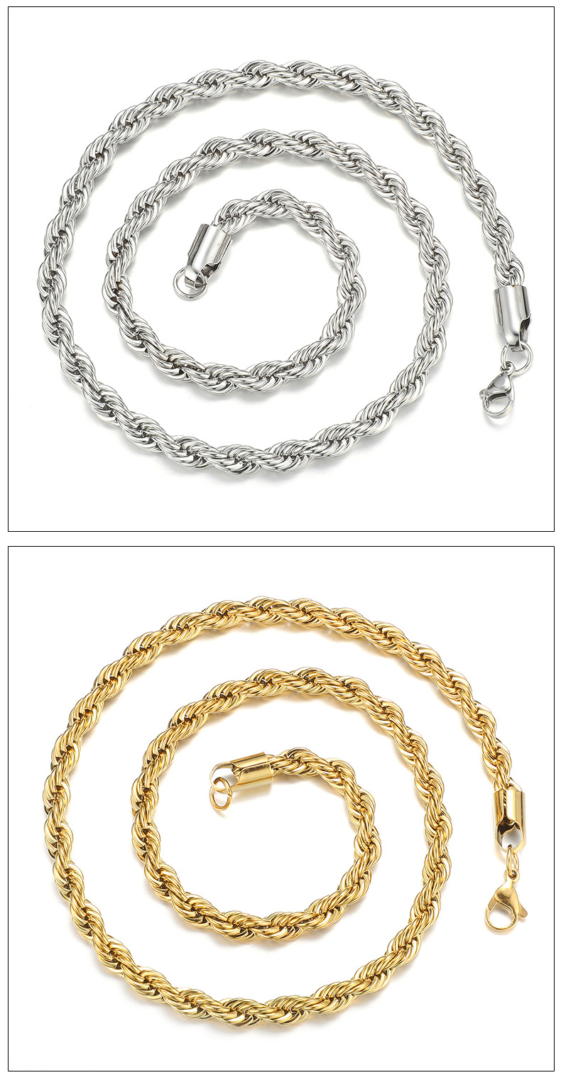 不锈钢麻花链 真空电镀金色项链潮流嘻哈饰品配链锁骨链男士项链详情11