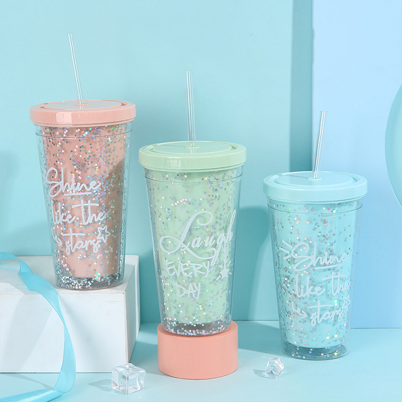 Summer new double-layer household carrying straw ice cup, popular star sequined creative plastic student gift water cup pic 3