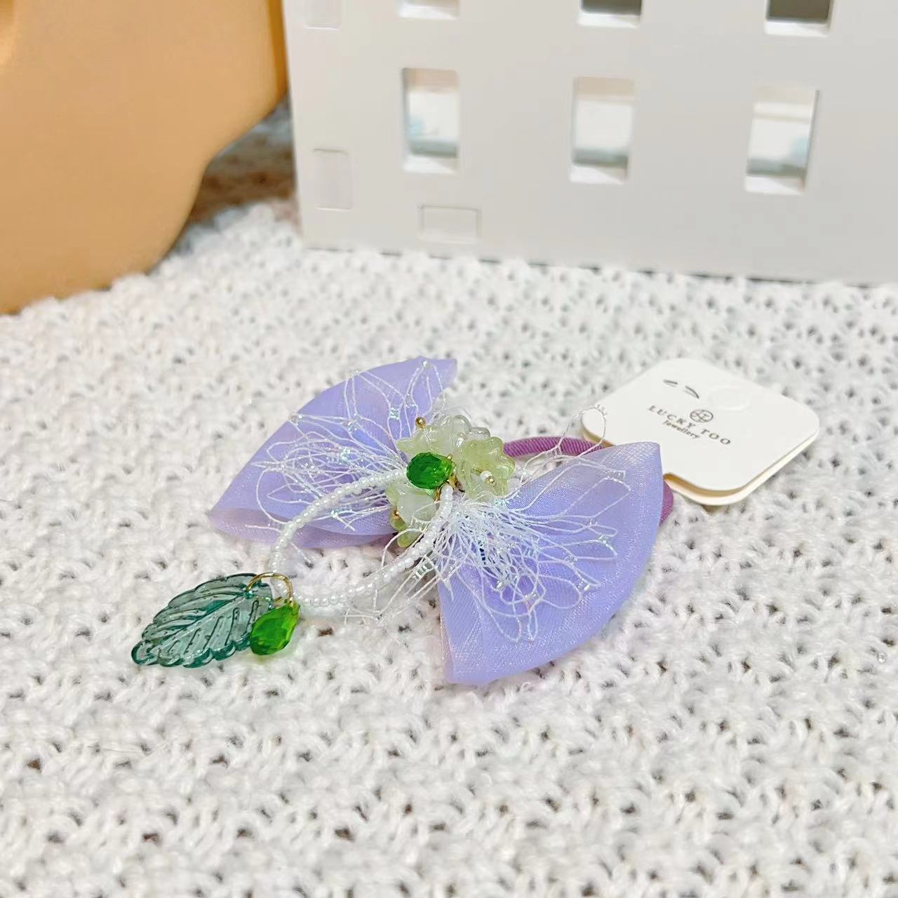 发绳LT10363韩系新款莎莎领结铃兰花串珠绿叶吊坠发饰发绳详情3