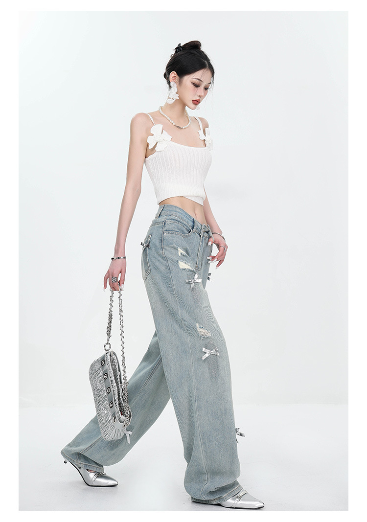 Large-sized retro three-dimensional bow ripped jeans for women with a summer design sense, high-waisted straight-leg loose wide-leg pants pic 20