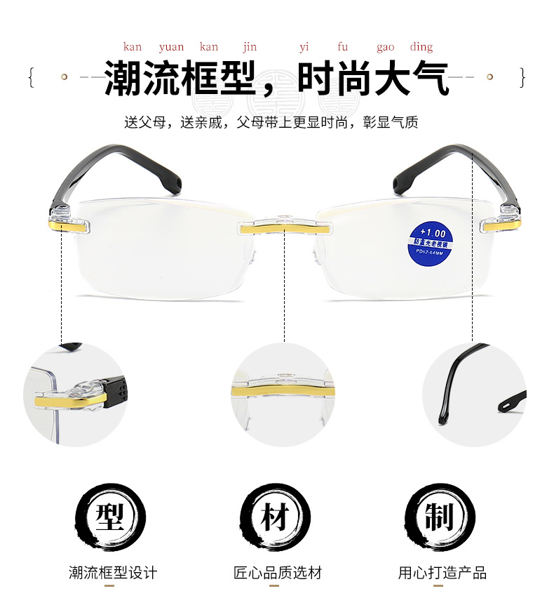 新防蓝光钻石切边老花镜 地摊无框一体时尚高清老花眼镜厂家批发详情3