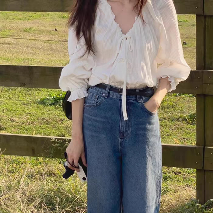 In-stock 2024 autumn new style, the same stylish bow tie drawstring shirt as Han So Hee from Dongdaemun, South Korea pic 30