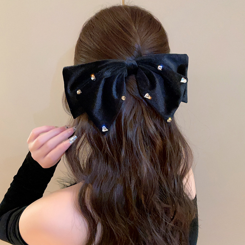 Korean elegant velvet double-layer bow spring water back hair clip, stylish top clip water diamond embellished hair clip pic 15