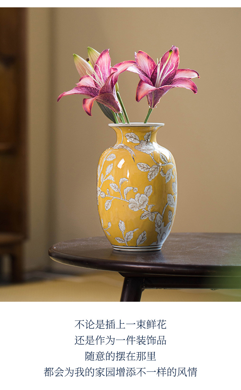 Yellow vintage vase, new Chinese-style hand-painted ceramic flower vase, American-style ceramic decoration, retro entrance hall porcelain, with a sense of luxury pic 18