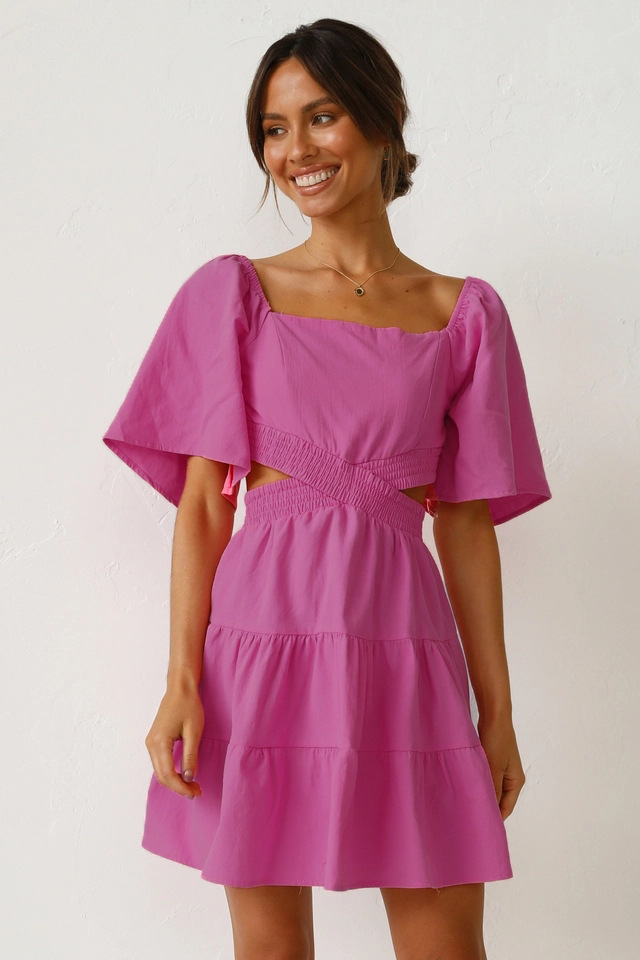 2022 European and American Cross-border Spring/Summer New solid-color rubber-waisted fresh and sweet short dress 22053 pic 5