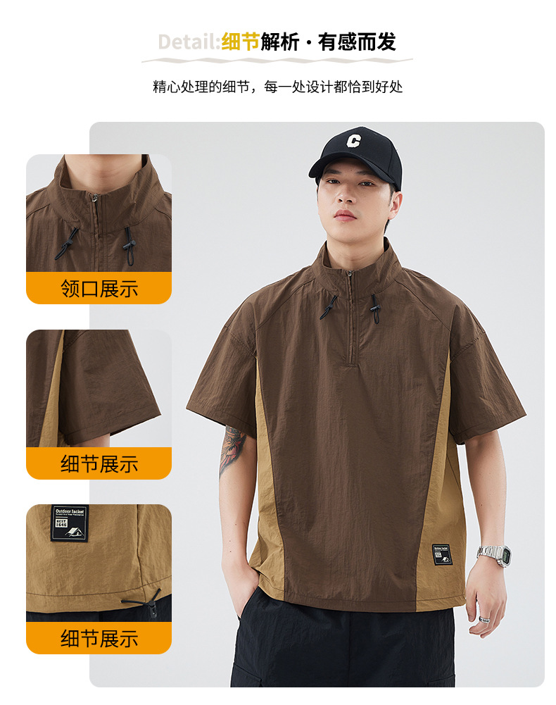 美式工装短袖t恤男士夏季大码潮牌立领拉链体恤半袖男详情4