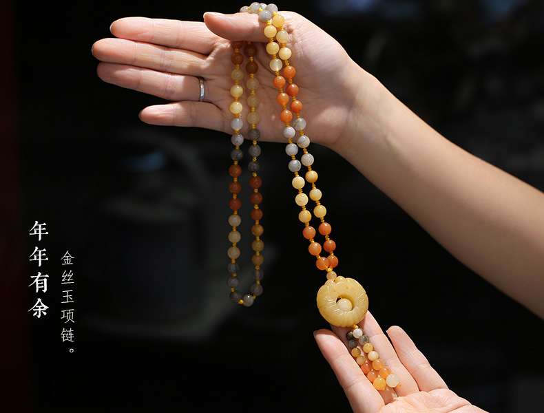 Retro ethnic style gold thread jade round bead necklace, sweater chain, long tricolor jade pendant, factory direct sales pic 12