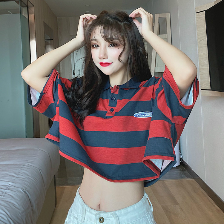 Real photos of Japanese-style retro polo shirts for women in summer, short-sleeved loose Hong Kong-style half-sleeved T-shirts, and summer tops pic 3