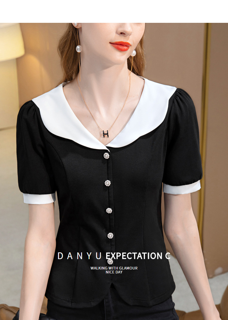 短袖t恤女2022新款女装时尚撞色v领棉体恤减龄娃娃领收腰扣子上衣详情3