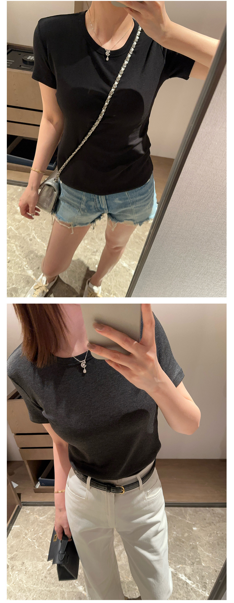 圆领短袖正肩百搭修身纯色羊绒基础t恤夏季紧身套头白色 打底衫女详情12