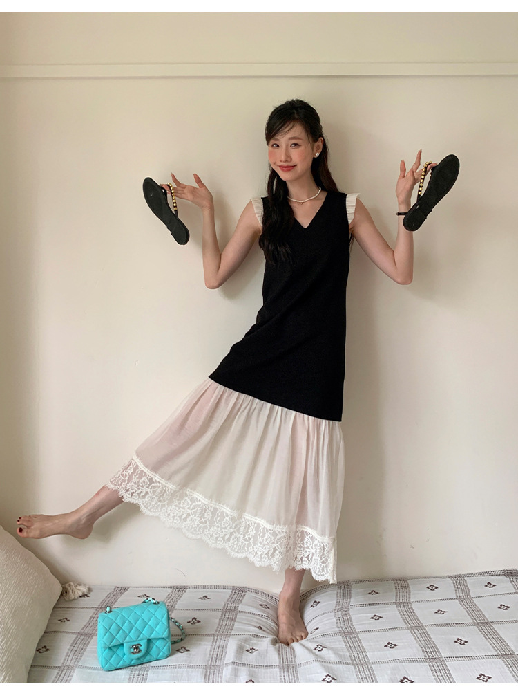 爱西里2024夏季法式温柔蕾丝拼接小黑裙欧根纱撞色连衣裙女11210详情15