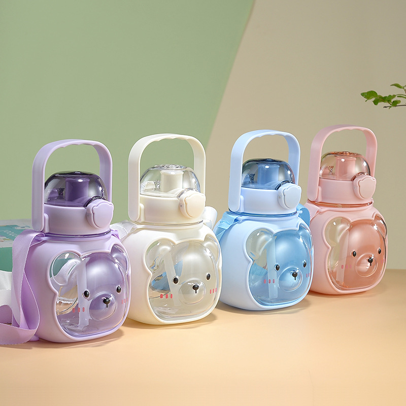 Wholesale of cute silicone-covered bear cups, anti-scald water cups, large-capacity water bottles for children, and double-drinking plastic cups pic 2