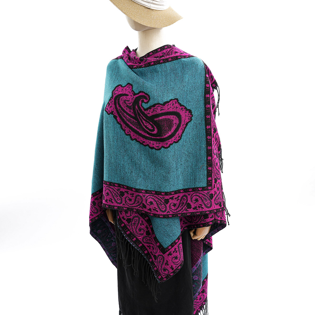 冬季跨境披肩加厚保暖长款拼接色披风仿羊绒双面两用女士时尚斗篷详情23