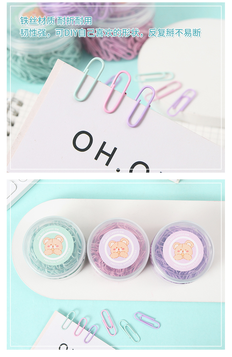 Cute little bear long tail clip paperclip binding combination bucket drawing pin rubber band office wholesale color metal ticket clip pic 16