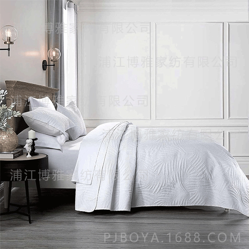 Leaf-shaped hotel universal bed cover jacquard three-piece set, polyester pure white ultrasonic high count and high density bedding pic 8