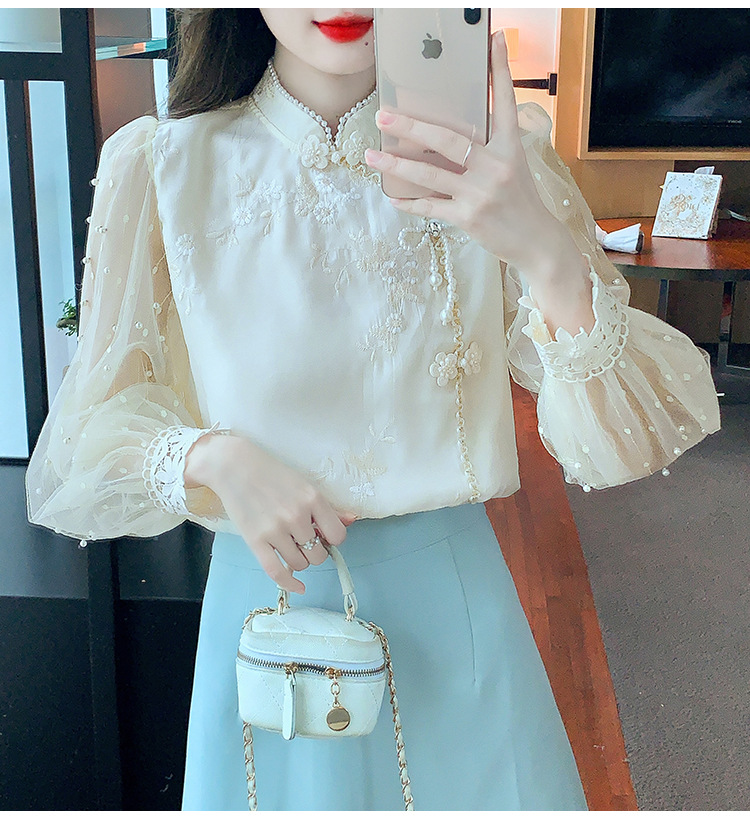 Semi-high-neck lace base shirt, chiffon shirt, women's autumn new Chinese-style light national style button-up top, high-end embroidery pic 22
