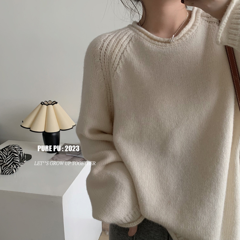 Korean-style puffed solid color pullover sweater for women, gentle and loose knitted top, versatile, laid-back style, fashionable and soft sweater pic 19