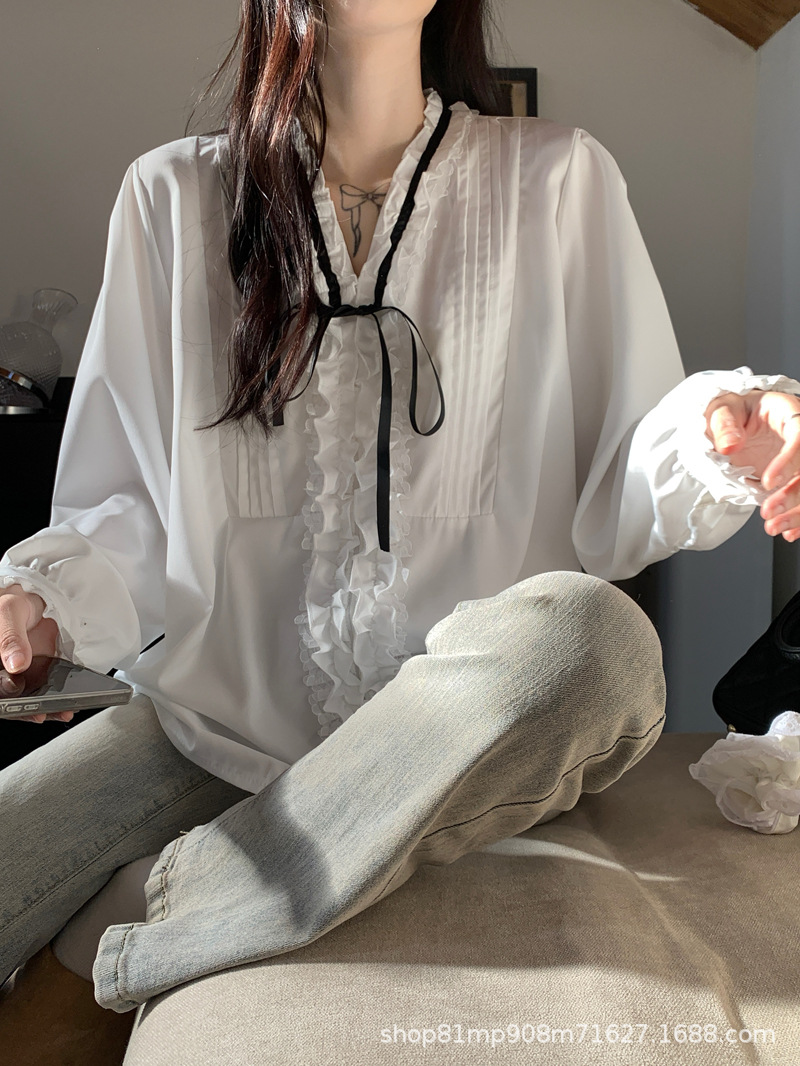 法式千金早春压褶小众气质名媛甜美系带蝴蝶结衬衫女长袖白衬衣女详情17