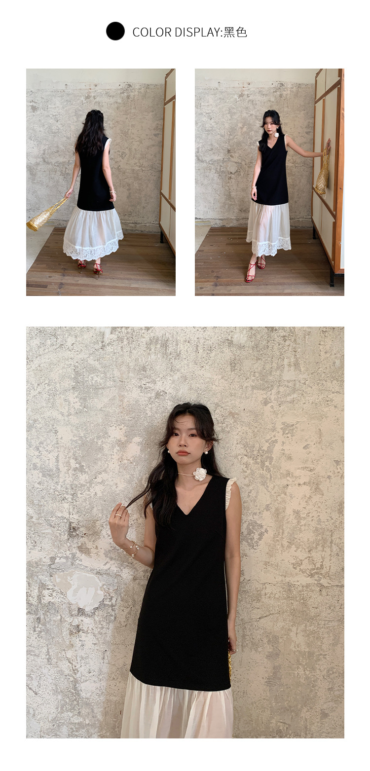 爱西里2024夏季法式温柔蕾丝拼接小黑裙欧根纱撞色连衣裙女11210详情9