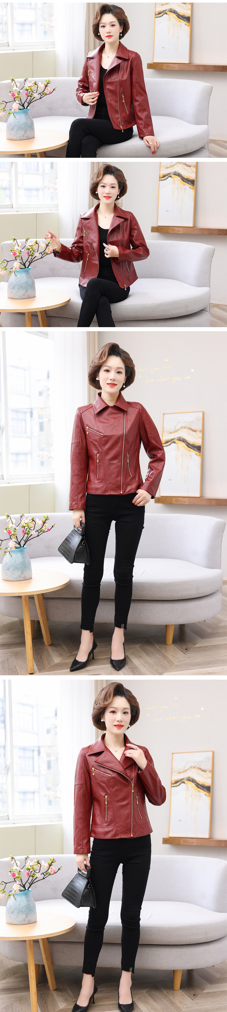 2021新款女式翻领修身机车皮衣单里布拉链休闲pu水洗皮夹克外套详情4